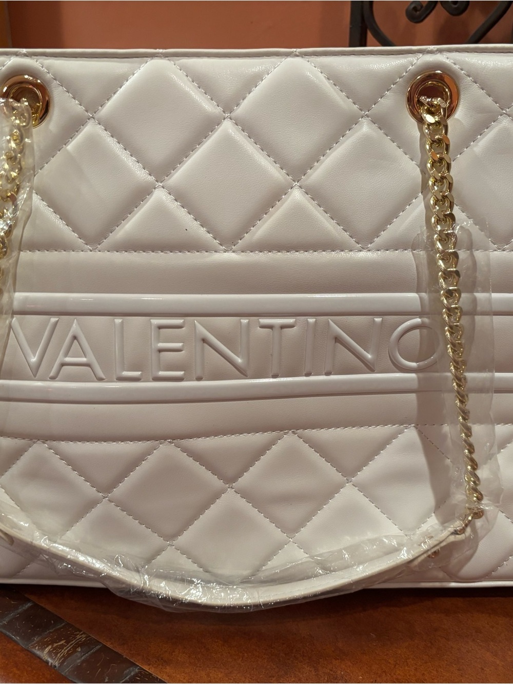 Valentino White Quilted Tote with Gold Chain Handles